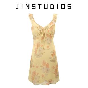 纯欲辣妹度假风领口系带花朵印花荷叶边吊带裙显白显瘦连衣裙短裙