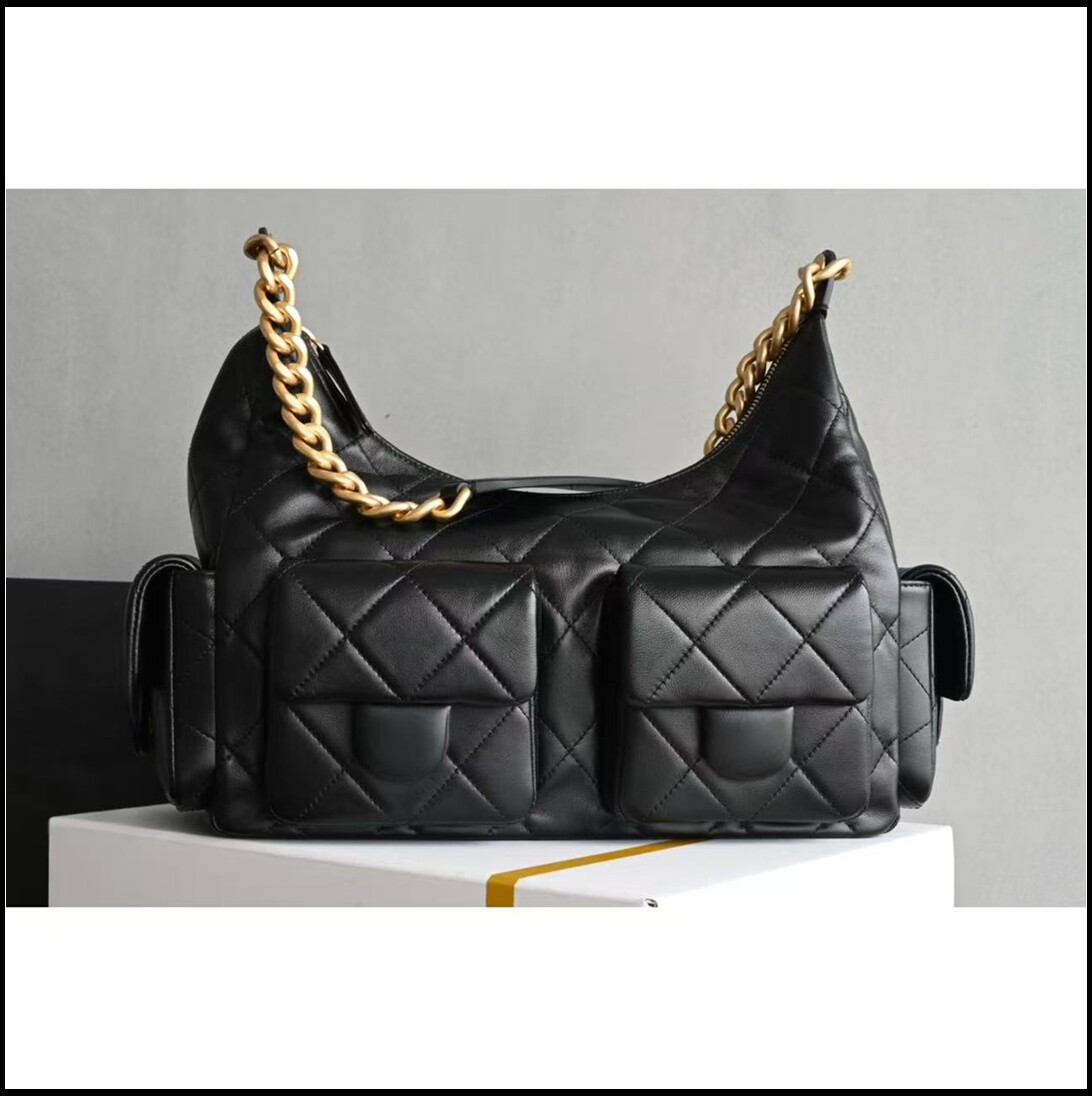 25c嬉皮hobo羊皮腋下女包多口袋jennie同款单肩菱格黑色金链