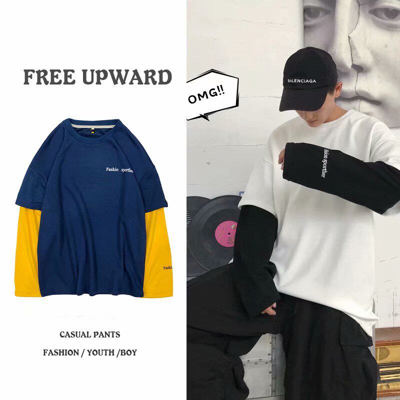 日系加绒拼接卫衣男韩版宽松假两件T恤衫青年港风百搭长袖上衣服T在类目 男装, T恤中 - 来自Buy2taobao.com提供专业的淘宝代购服务