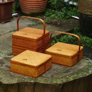 纯手工竹编提篮中式手提食盒茶具收纳篮子茶点篮水果点心礼品包装