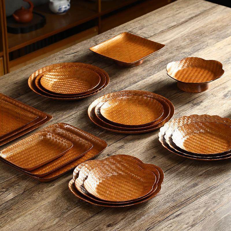 手工竹盘竹制编织浅果盘日式干果点心支架托盘茶点盘碟子三件套,特色手工艺,竹编/竹雕,淘宝优惠券,粉丝福利购,淘宝优惠卷