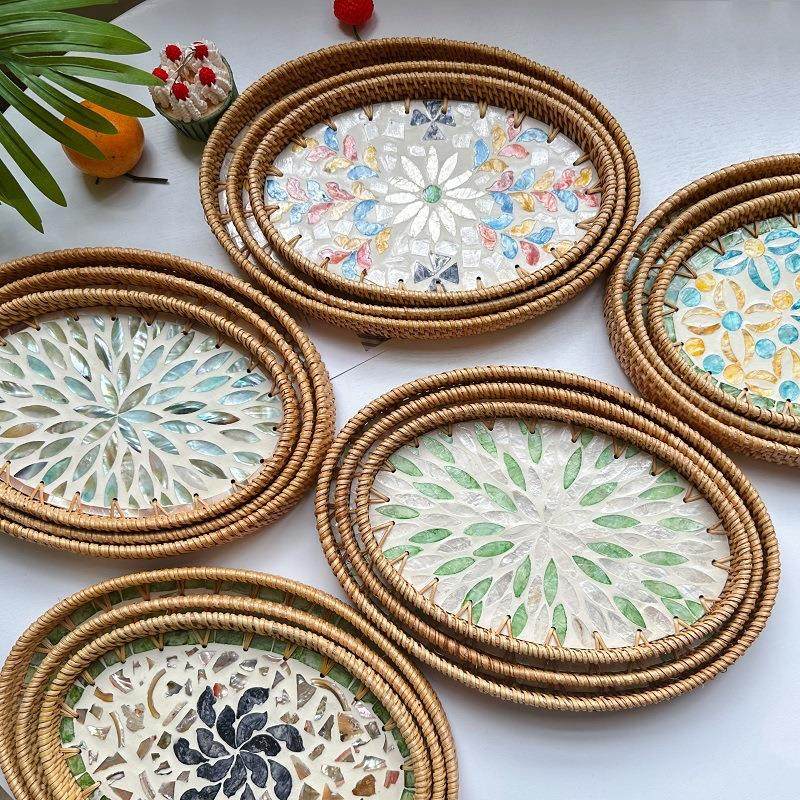 秋藤北欧创意藤编彩贝壳果盘装饰摆件首饰收纳托盘茶盘置物盘,收纳整理,其他收纳篮,淘宝优惠券,粉丝福利购,淘宝优惠卷
