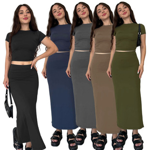 Round skirt 上衣休閑長裙套裝 long 歐美風短袖 and top neck set