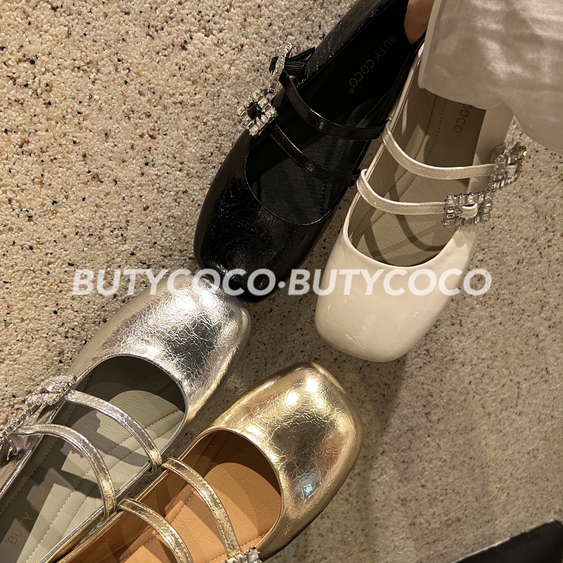 COCO2025春夏新款浅口平底圆头复古方钻双带玛丽珍软底女平底单鞋