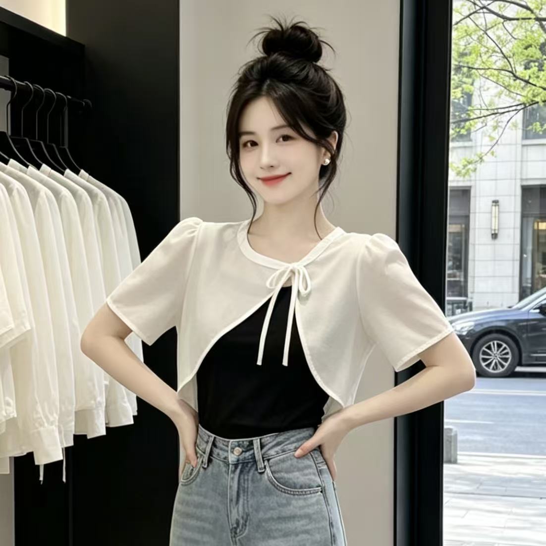 小披肩女外套夏季配裙子薄款2026新款时尚雪纺短款法式吊带裙罩衫