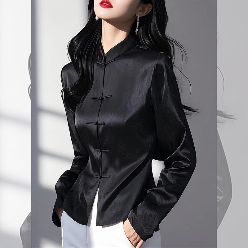 新中式国风衬衫女长袖2026年秋季新款缎面提花设计感复古气质上衣