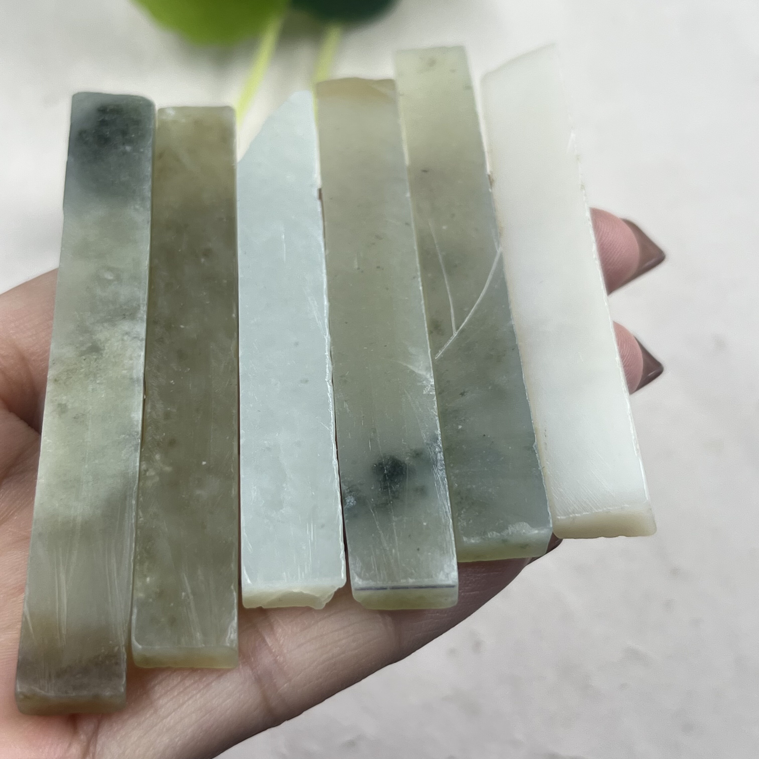 6件价新疆和田玉白玉晴水书签边角料长条薄片玉石料DIY风铃包邮t