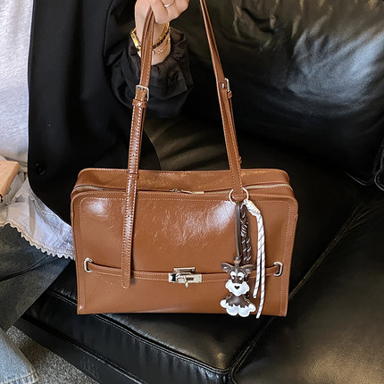 美式复古风小方包女通勤单肩包焦糖色大容量托特包