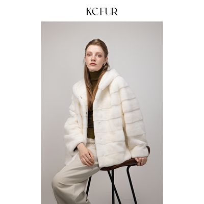 KC天鹅绒横抽刀连帽水貂外套女