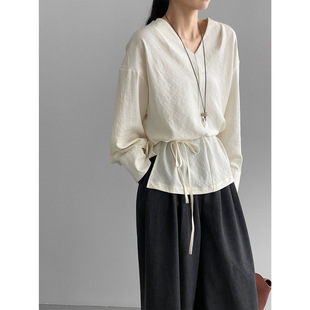 不晚韩系通勤系带收腰V领衬衫 不退货 女百搭衬衣5061 福利款