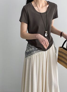 不晚多色瘦瘦T~韩系纯色简约U领短袖T恤女基础显瘦百搭上衣