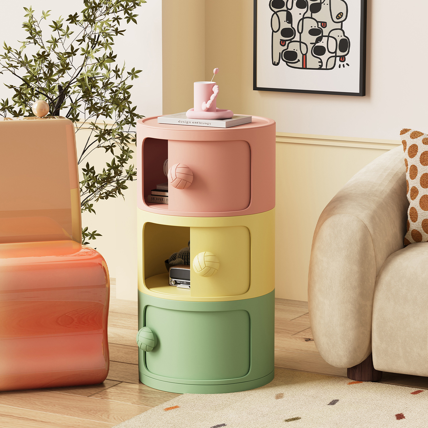 简约多功能奶油风客厅小户型ins风变价儿童玩具纳多巴胺储物圆桶