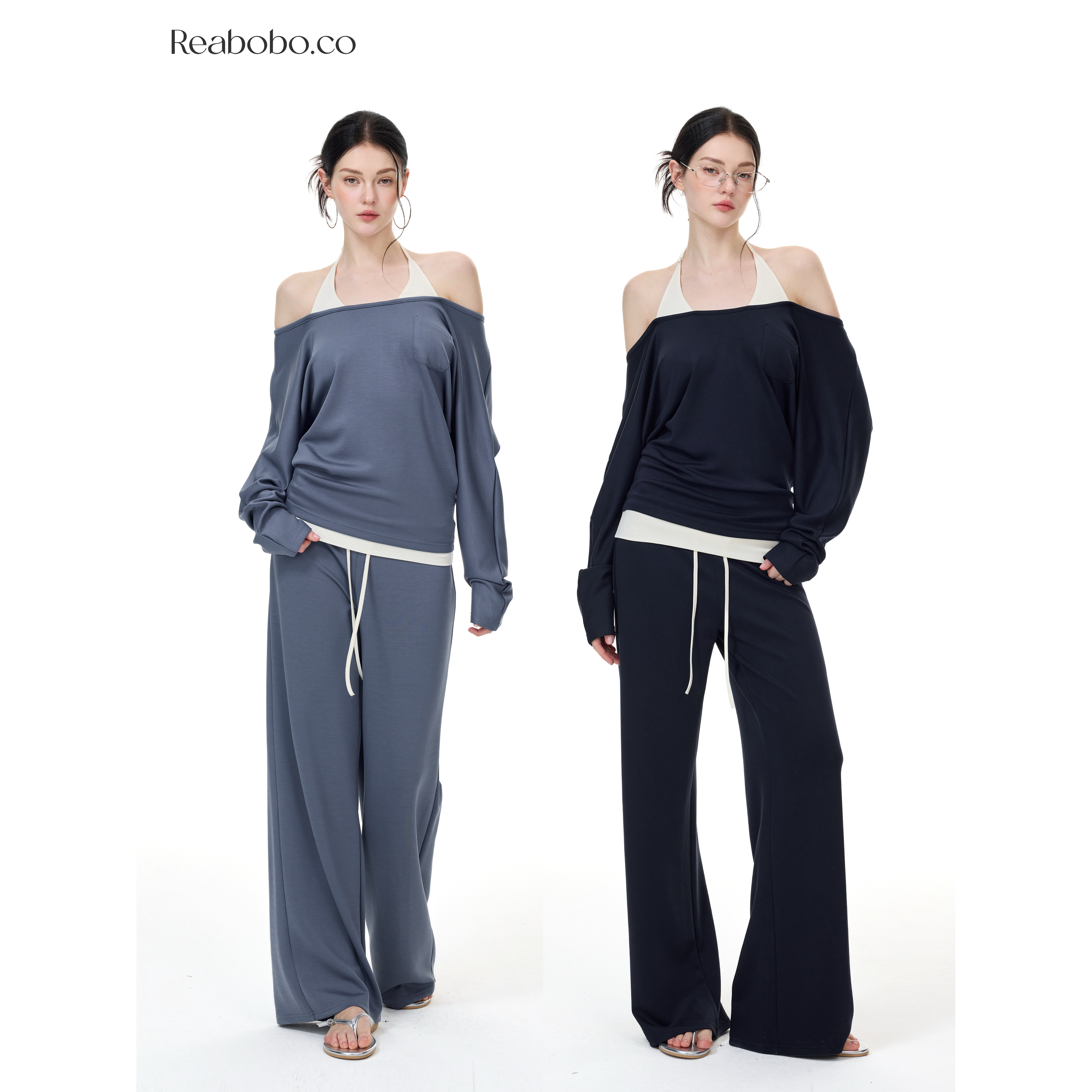 Reabobo.co 莱赛尔拼接假两件蝙蝠袖露肩吊带上衣休闲长裤套装女