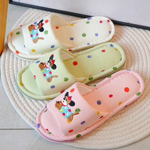 可爱卡通小狗刺绣波点布艺布底布拖鞋 静音无声厚底居家室内棉拖鞋