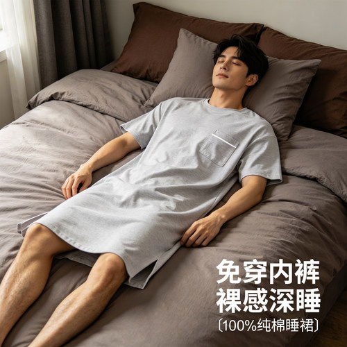 男士纯棉睡裙100%全棉睡袍家居服