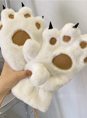 卡通可爱熊掌猫爪毛绒手套女儿童挂脖学生加绒加厚防风寒冬季骑车