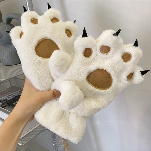 卡通可爱熊掌猫爪毛绒手套女儿童挂脖学生加绒加厚防风寒冬季骑车