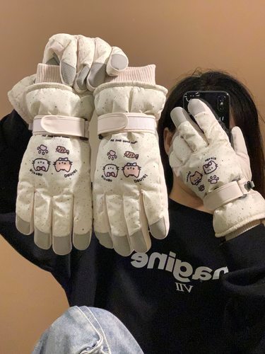 新款卡通斑点滑雪手套冬季加绒户外骑行防风防水防寒保暖可触屏女