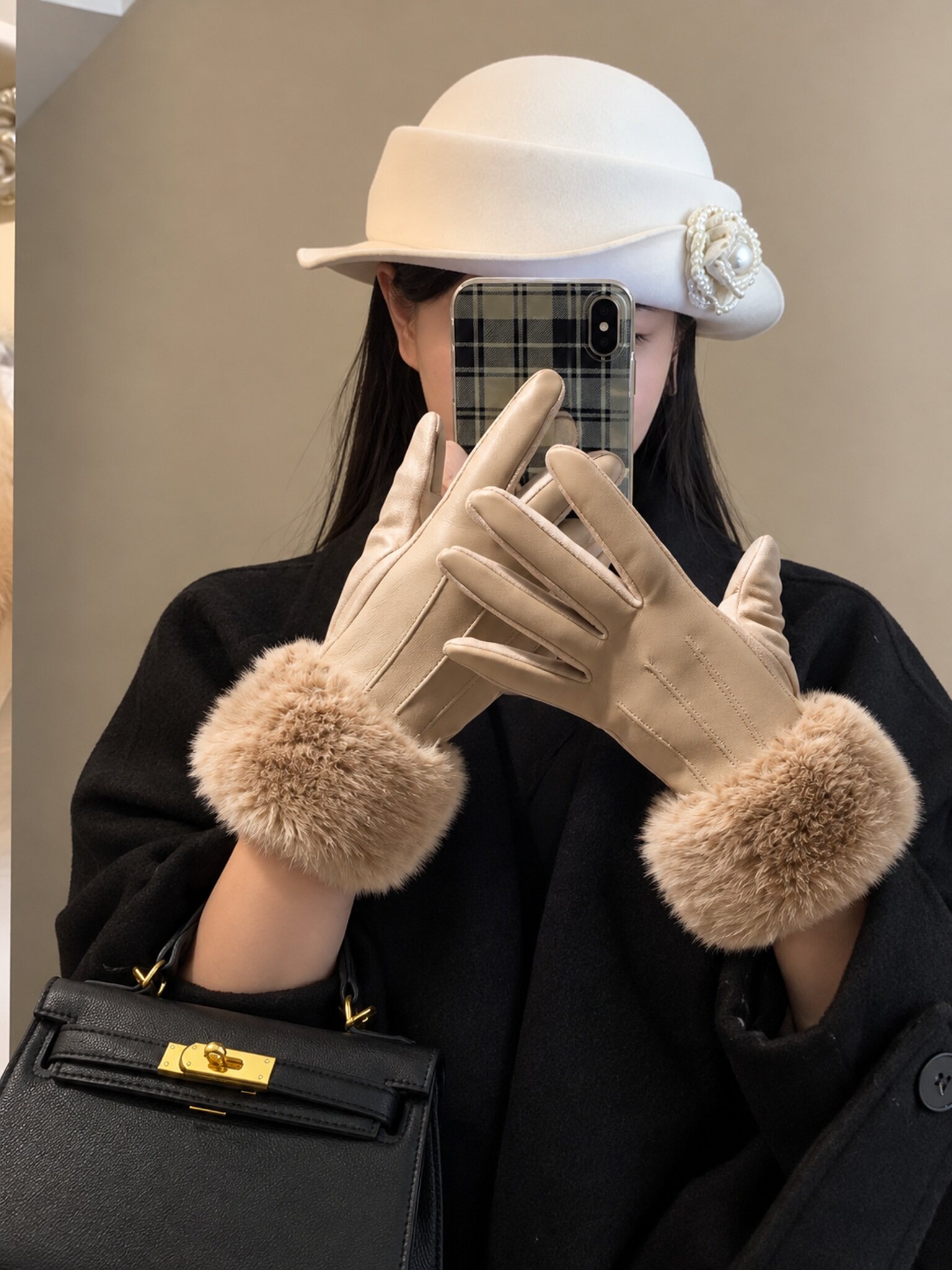 高颜值加厚款分指皮手套女冬季加绒保暖仿真皮骑行开车防风防寒新