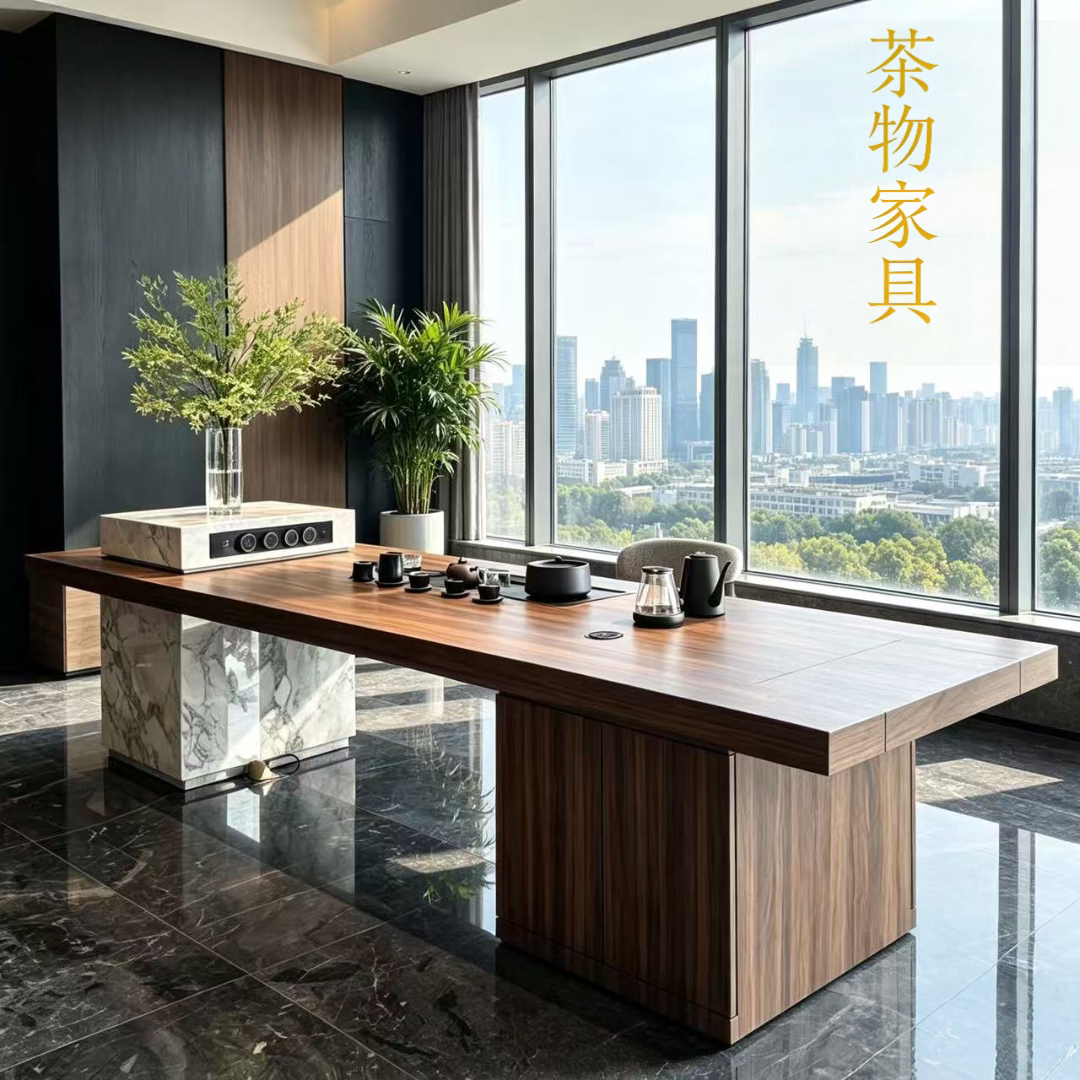 新中式实木北美黑胡桃茶桌带电磁炉储物会客区茶台现代简约高端