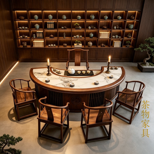 新中式实木北美黑胡桃圆形茶桌椅