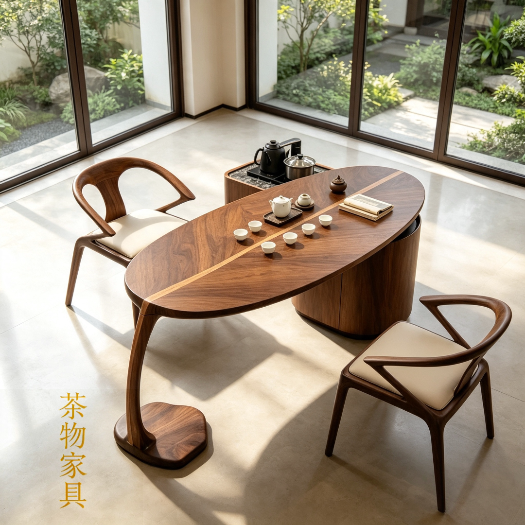北美黑胡桃木茶桌现代简约椭圆形实木茶台家用客厅茶室家具