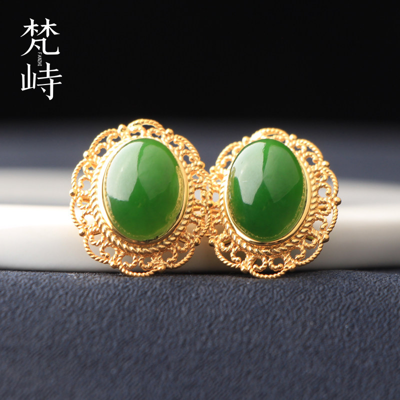 梵峙和田玉碧玉花丝耳钉925银镀金菠菜绿俄料老料送证书