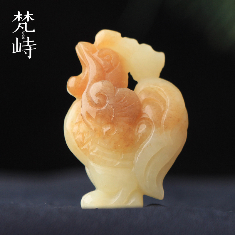 梵峙和田玉生肖鸡挂件吊坠吉祥如意大吉大利新疆且末糖黄玉送证书
