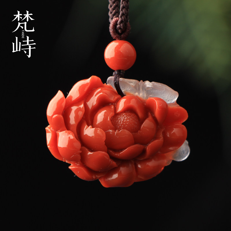 梵峙南红玛瑙牡丹花柿子红挂件
