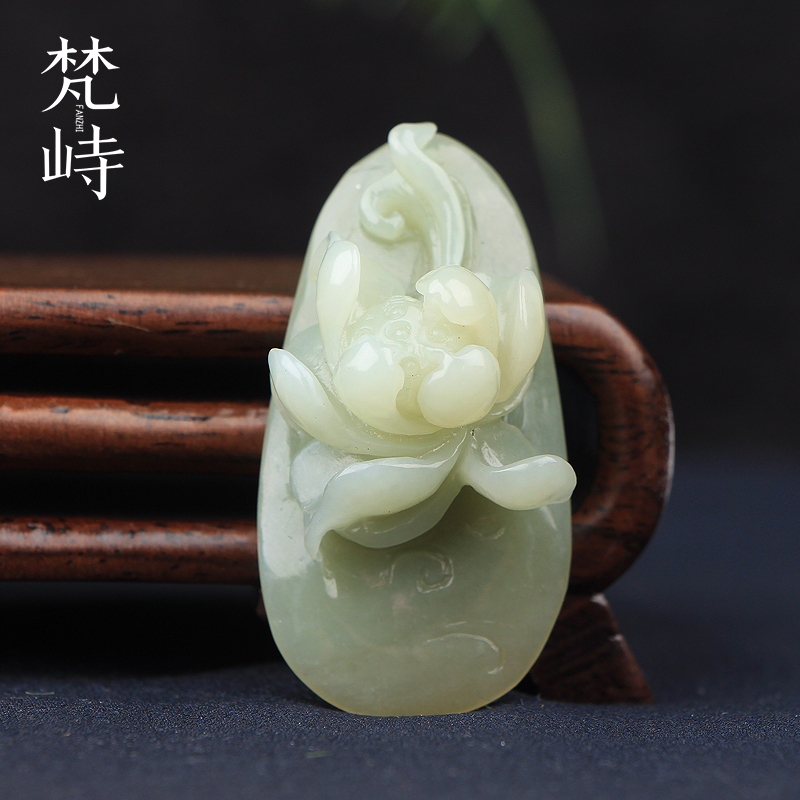 梵峙和田玉荷花莲花吊坠牌子挂件青海料翠青玉一品青莲送证书