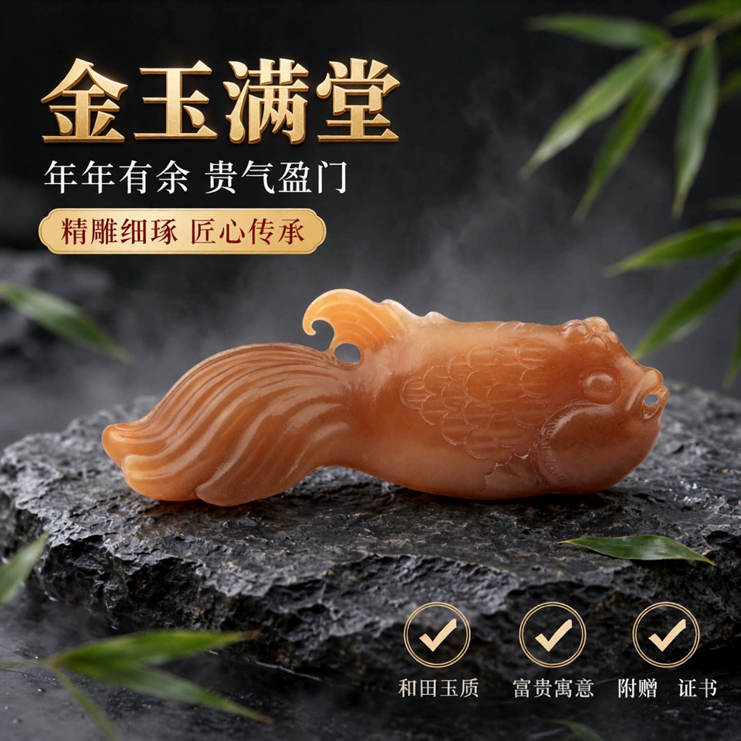 梵峙和田玉红糖玉鱼吊坠金玉满堂金鱼挂件富贵有余送证书