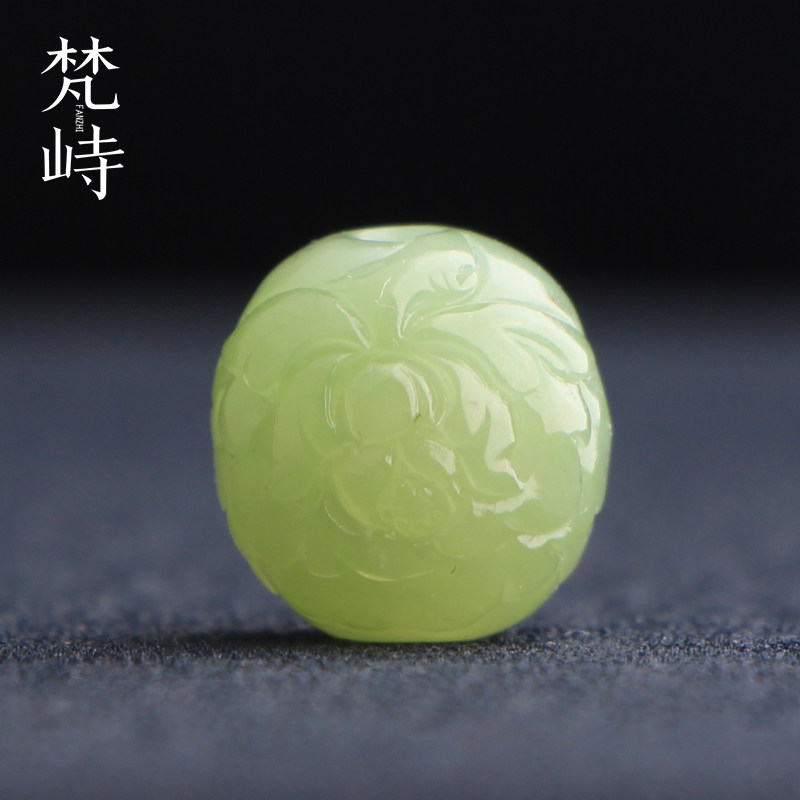 梵峙和田玉牡丹花桶珠翠青玉路路通雕花珠多宝珠送证书
