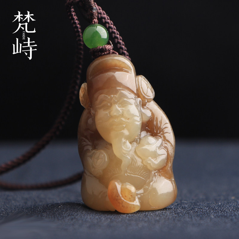 梵峙和田玉财神爷挂件吊坠新疆且末糖黄玉麻糖送证书