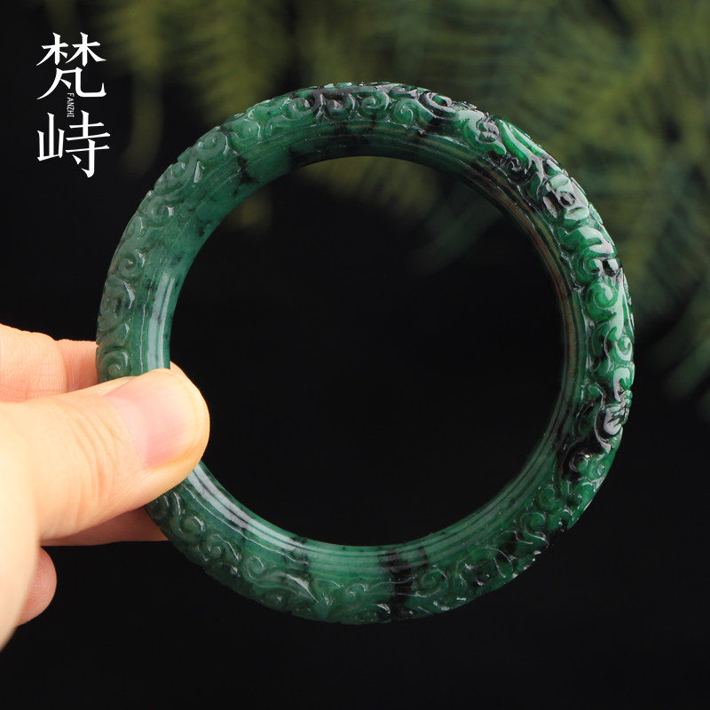 梵峙56翡翠雕花手镯花青圆条
