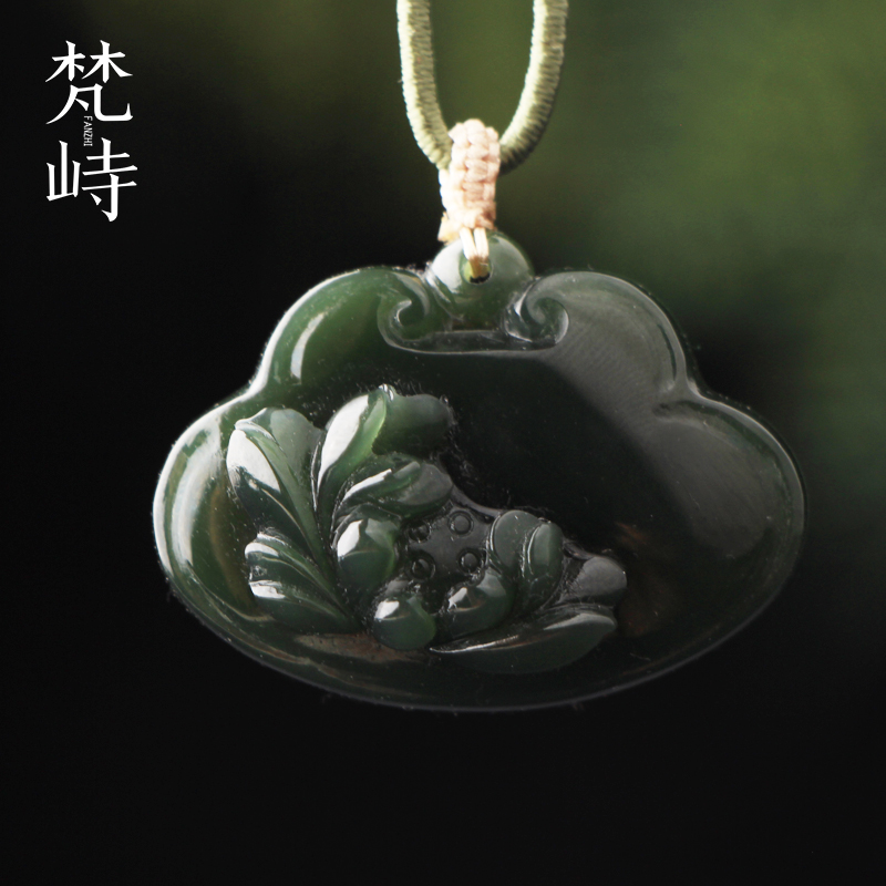 和田玉青玉油青色莲花如意吉祥锁