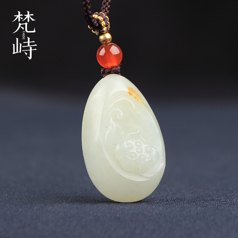 梵峙和田玉白玉籽料莲花荷花挂件吊坠新疆和田玉送证书无事牌