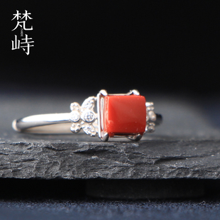 梵峙17南红玛瑙方形戒指女指环牛血红川料原矿925银送证书