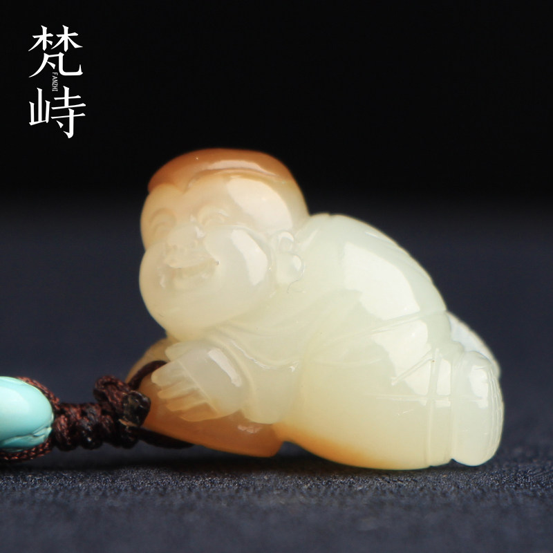 和田玉童子手机链糖黄玉挂件送证