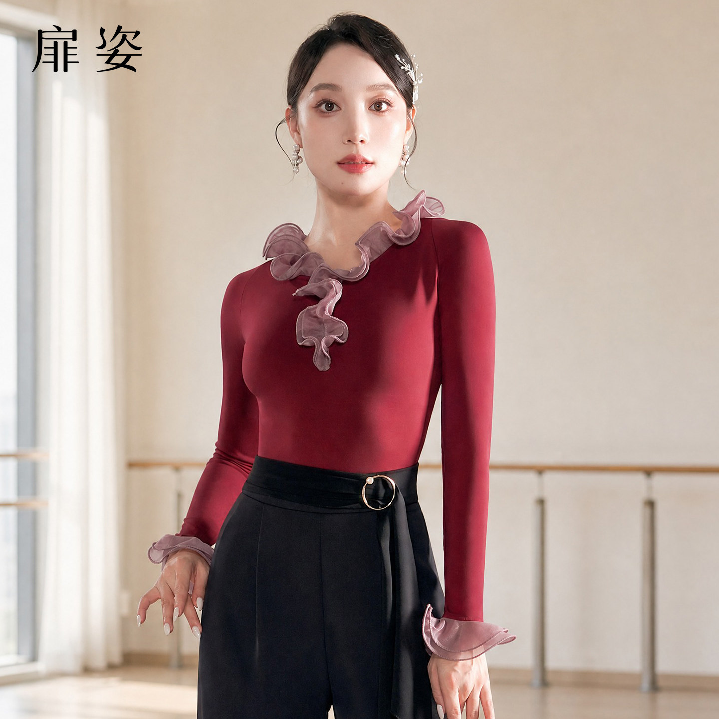 女士摩登舞酒红长袖上衣