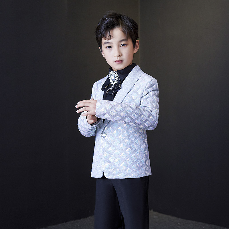 男儿童白色亮片西装礼服花童小主持钢琴演出西服套装帅气走秀服装