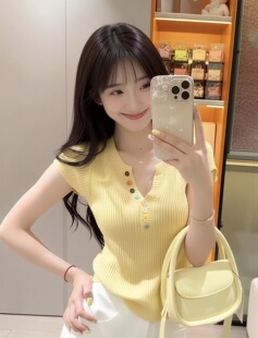 多巴胺彩色纽扣短袖针织衫t恤女夏季新款显瘦减龄别致v领修身上衣