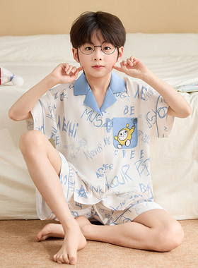 男童冰丝睡衣夏季开衫短袖短裤卡通动漫青少年可外穿家居服套装夏