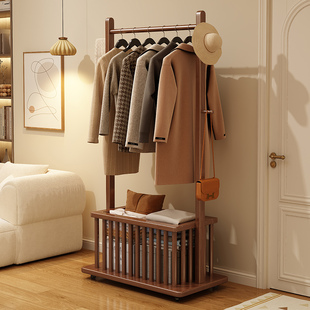 新客减全实木衣帽架落地卧室家用挂衣架客厅可移动收纳架带脏衣篓