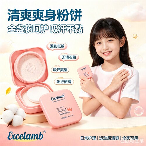 正品金盏花儿童平价爽身粉饼宝宝温和吸汗吸湿舒缓清爽无滑石粉爽