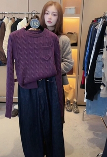 长袖 女2025新款 毛衣上衣HBA119 针织衫 紫色圆领修身
