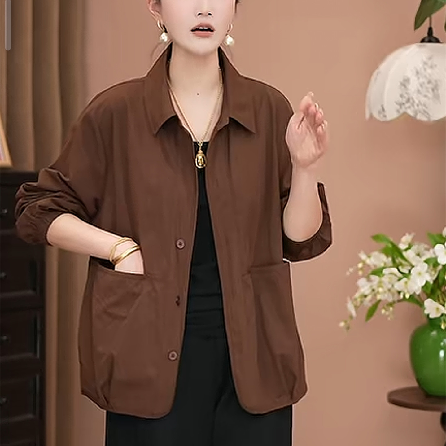 2026秋季新款棉短款外套减龄开衫女装上衣宽松翻领长袖妈妈装夹克