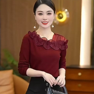 减龄女套头衫 洋气花边露肩长袖 套头t恤妈妈装 新款 精梳棉上衣春季