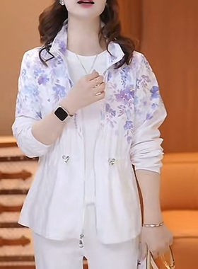 夏季连帽薄款白色女碎花防晒外套
