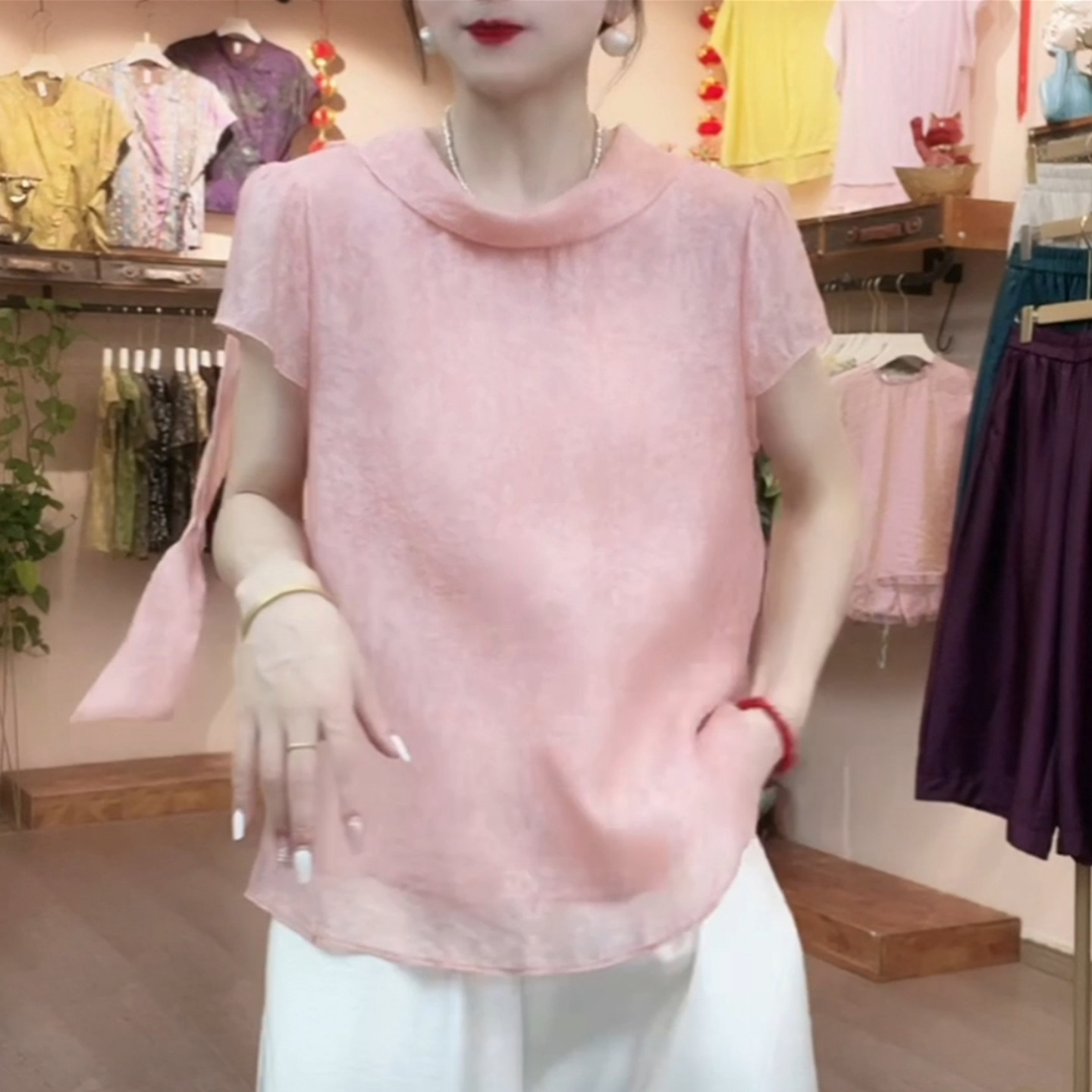 显瘦薄款飘带优雅套头妈妈装小衫