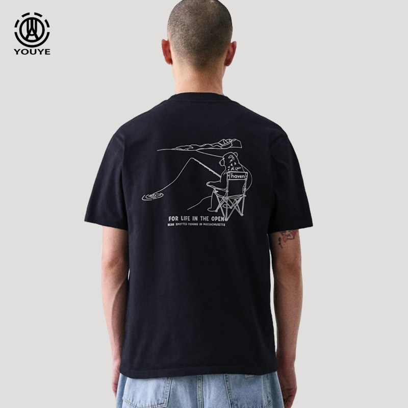 由也 原创户外钓鱼熊印花T恤 极简百搭纯棉宽松短袖 夏季休闲半袖